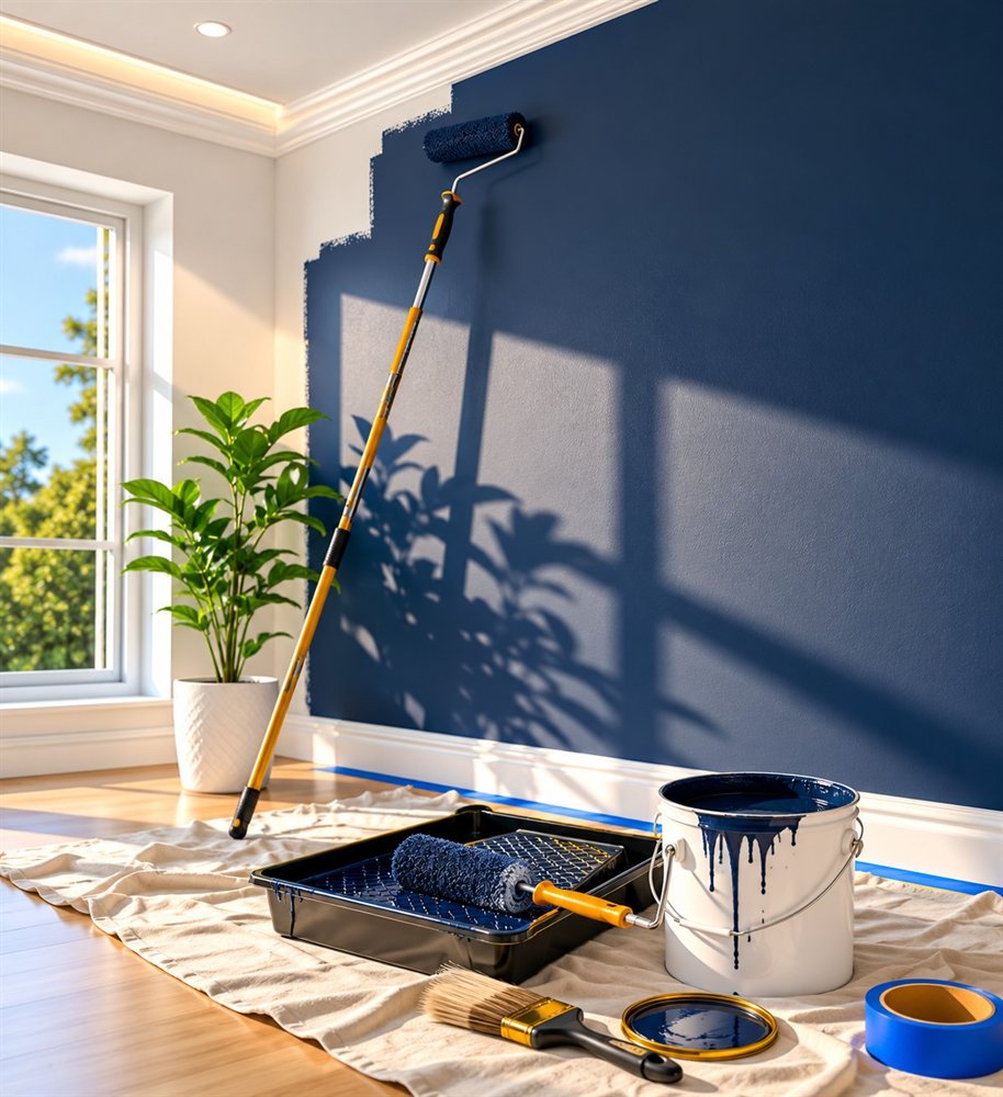 A roller applying a fresh coat of navy paint to a wall — Master Prime Painting