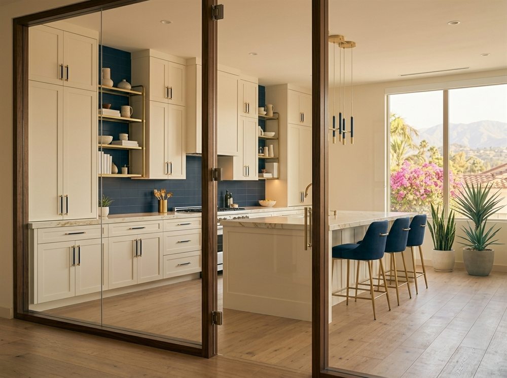 Refinished kitchen cabinets in warm white with a navy backsplash