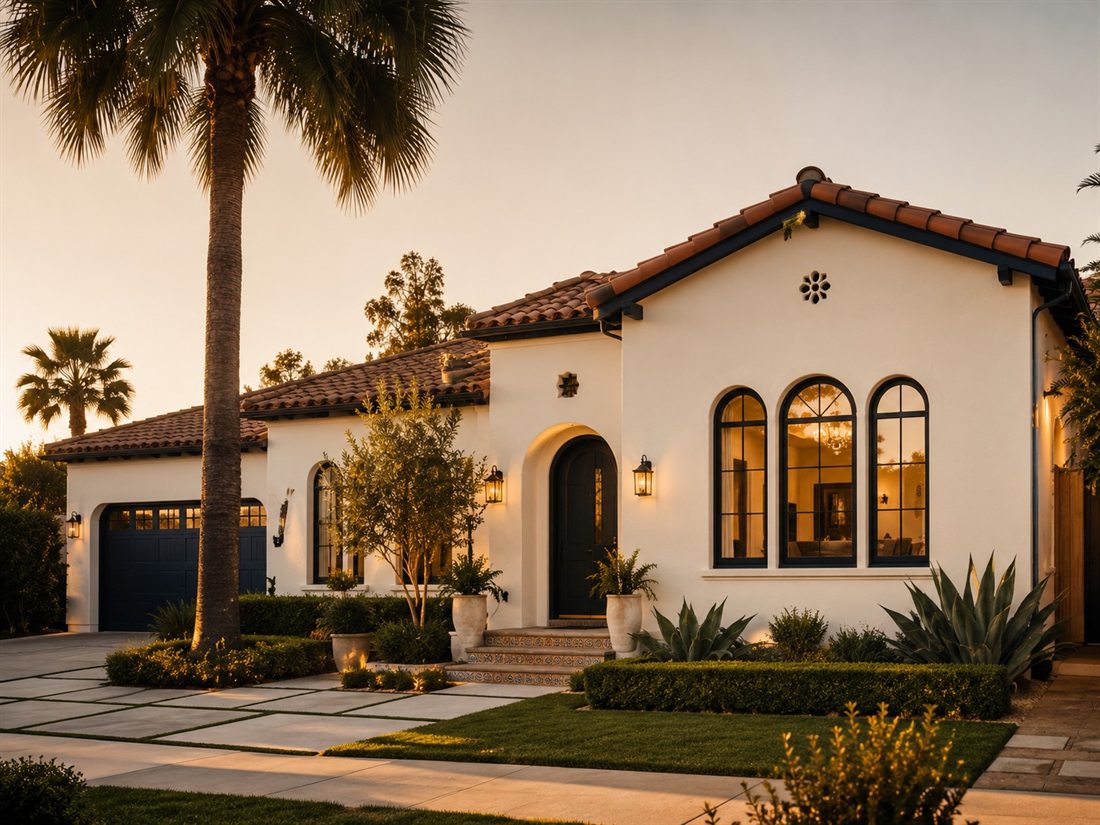 Freshly painted Spanish-style Los Angeles home exterior at golden hour
