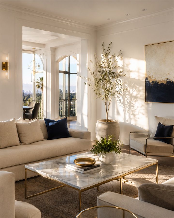 Freshly painted luxury living room with warm white walls and navy accents