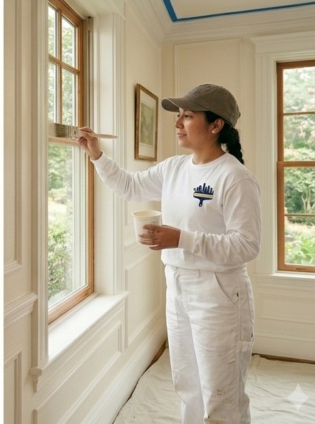 A Master Prime Painting crew member painting interior window trim